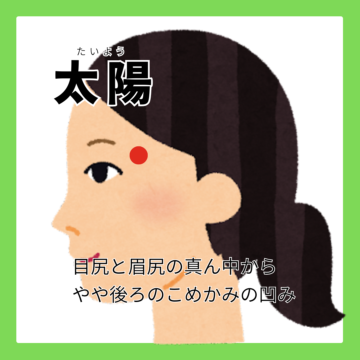 太陽のツボは頭痛や目の疲れ、眼精疲労、顔のむくみや、目の周りのたるみなどに